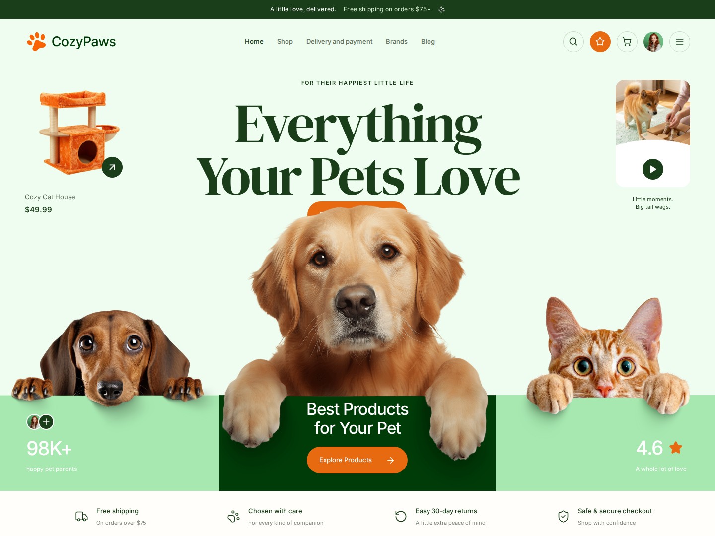 CozyPaws pet store homepage with mint green styling and playful pet photography